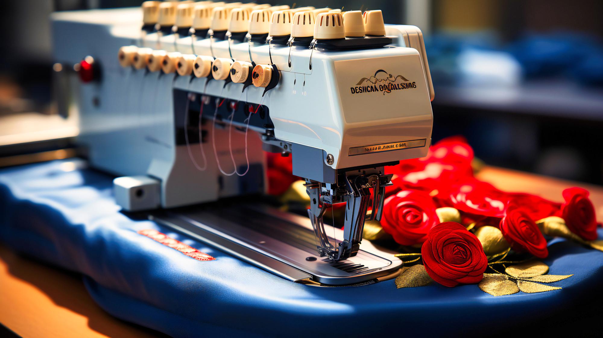 Stitching machine and sample badges on table